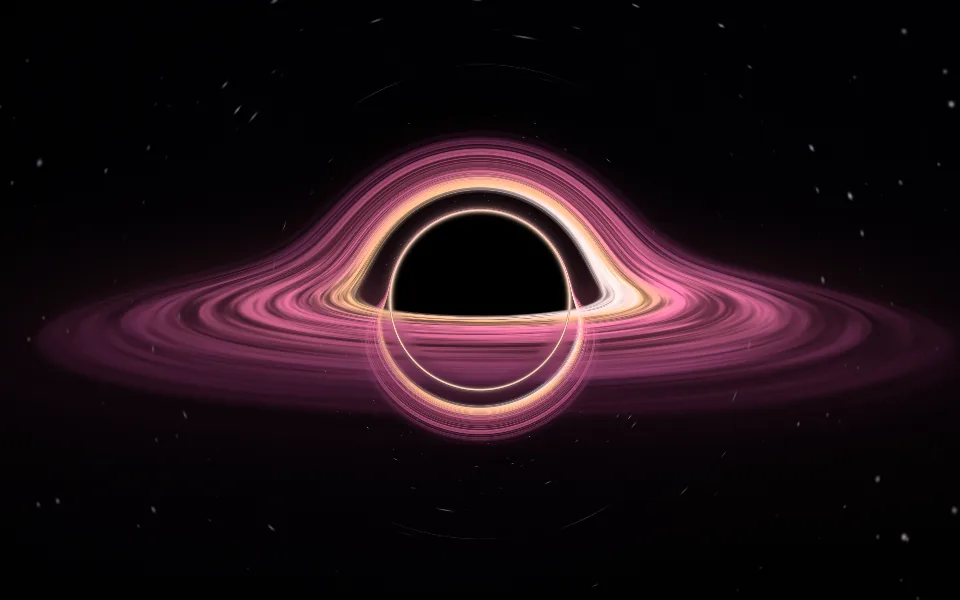 A black hole with a glowing rose and gold disk bent over and under it, against faint stars