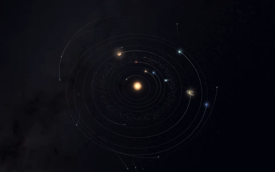 The Sun and its planets on their orbits, seen from above at an angle