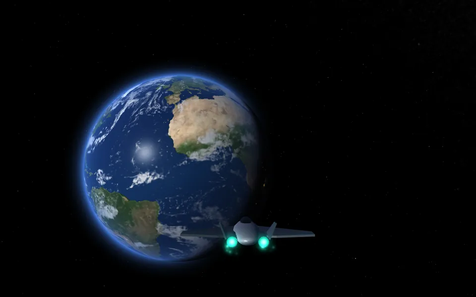 A small ship with glowing engines flying past the Earth